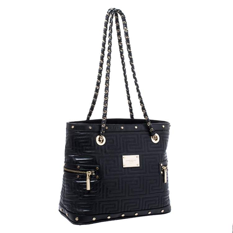 Pre Owned Versace Black Quilted Leather Sided Zip Tote