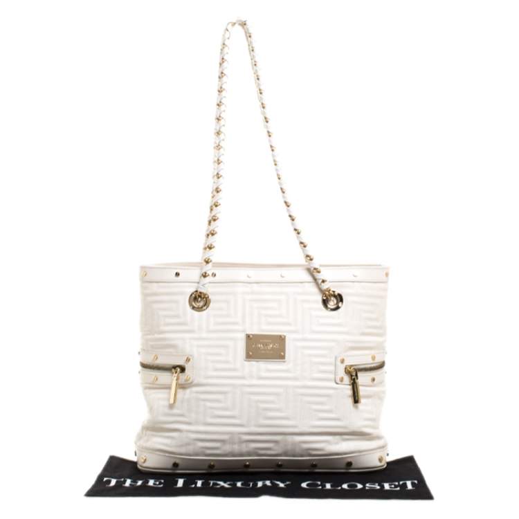 Pre Owned Versace White Quilted Leather Sided Zip Tote