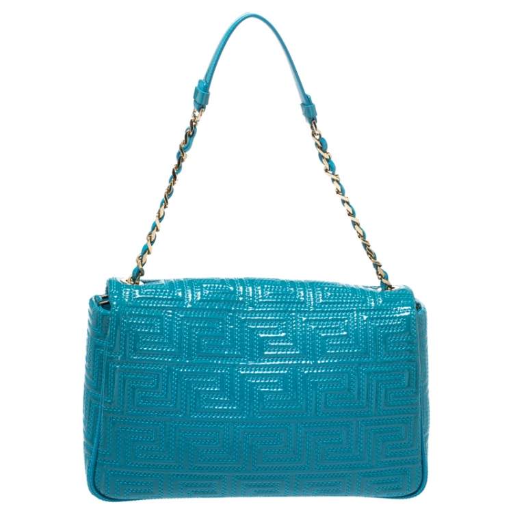 Pre Owned Versace Blue Patent Leather Large Flap Shoulder Bag