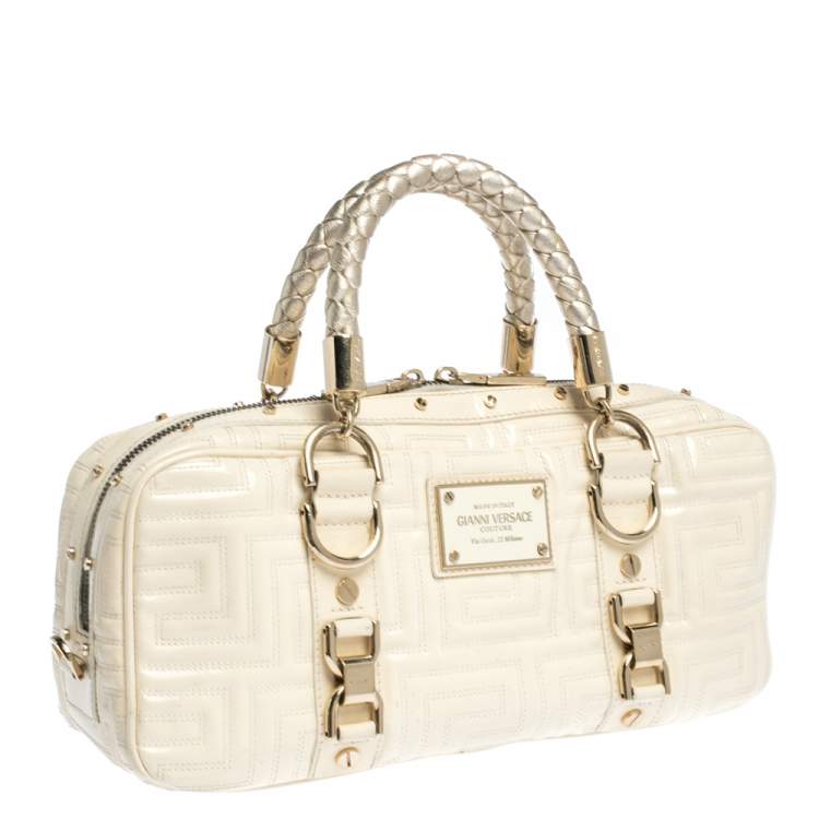 Pre Owned Gianni Versace Light Cream Quilted Patent Leather Bowler Bag