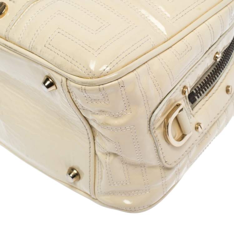 Pre Owned Gianni Versace Light Cream Quilted Patent Leather Bowler Bag