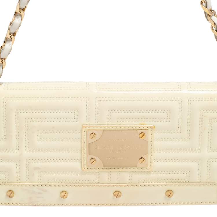 Pre Owned Gianni Versace White Quilted Patent Leather Flap Shoulder Bag