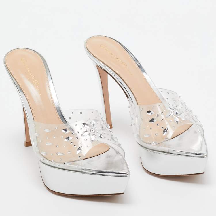 Pre Owned Gianvito Rossi Transparent PVC Crystal Embellished Betty Platform Sandals Size 37.5