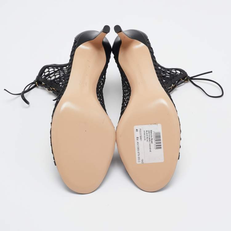 Pre Owned Gianvito Rossi Black Mesh and Leather Lace Up Open Toe Booties Size 40