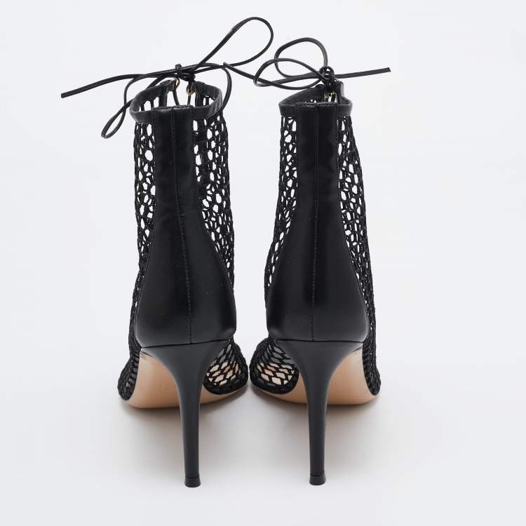 Pre Owned Gianvito Rossi Black Mesh and Leather Lace Up Open Toe Booties Size 40