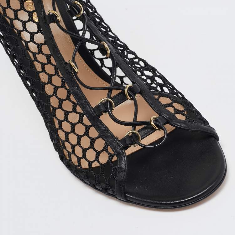 Pre Owned Gianvito Rossi Black Mesh and Leather Lace Up Open Toe Booties Size 40