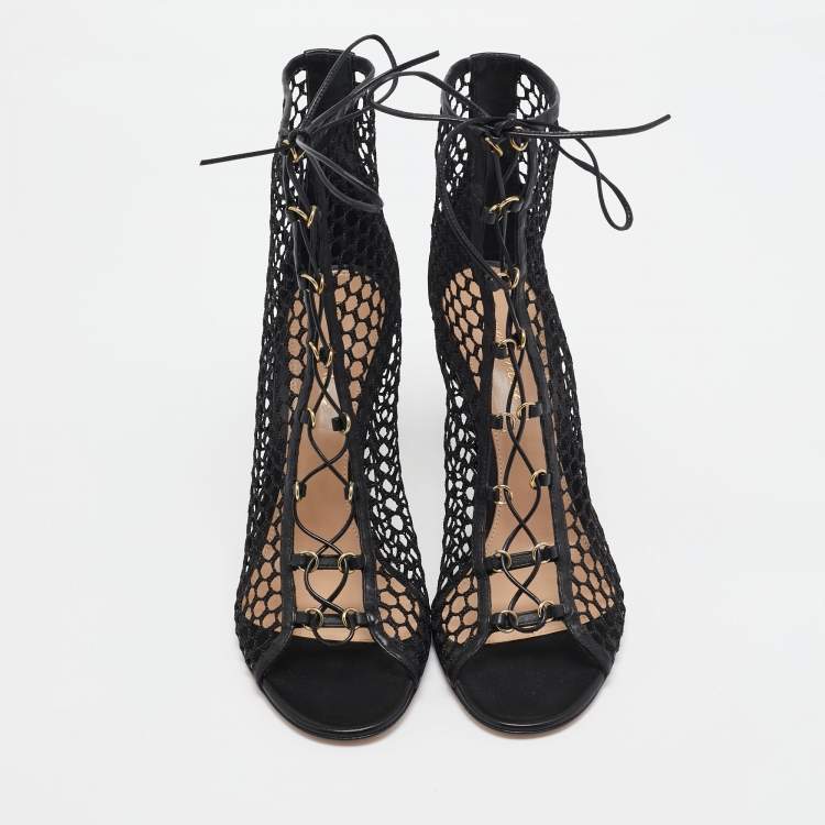 Pre Owned Gianvito Rossi Black Mesh and Leather Lace Up Open Toe Booties Size 40