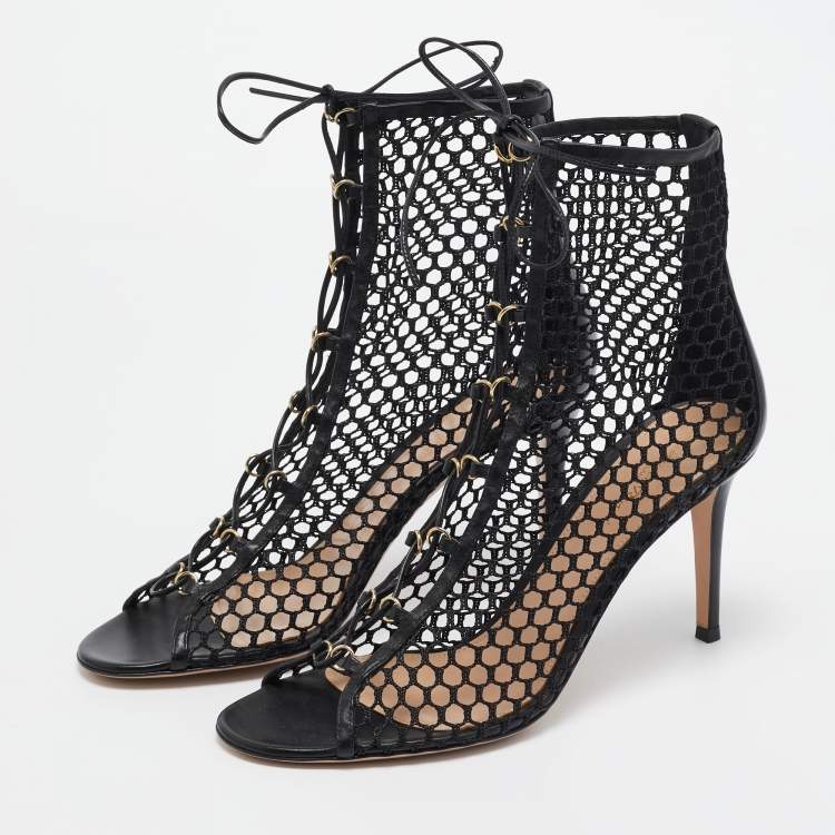 Pre Owned Gianvito Rossi Black Mesh and Leather Lace Up Open Toe Booties Size 40