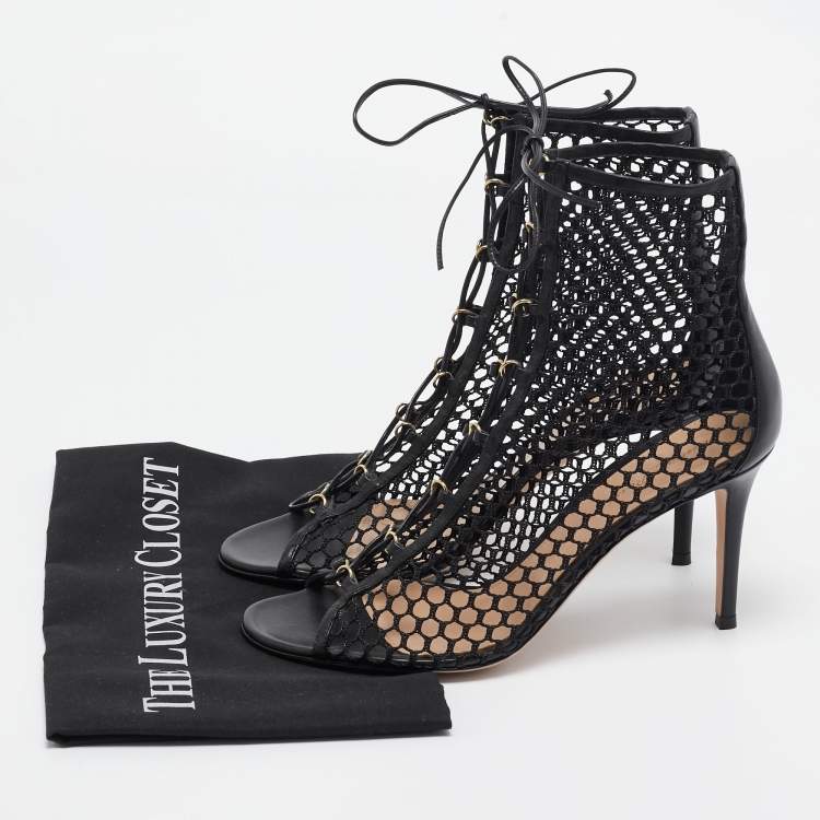 Pre Owned Gianvito Rossi Black Mesh and Leather Lace Up Open Toe Booties Size 40