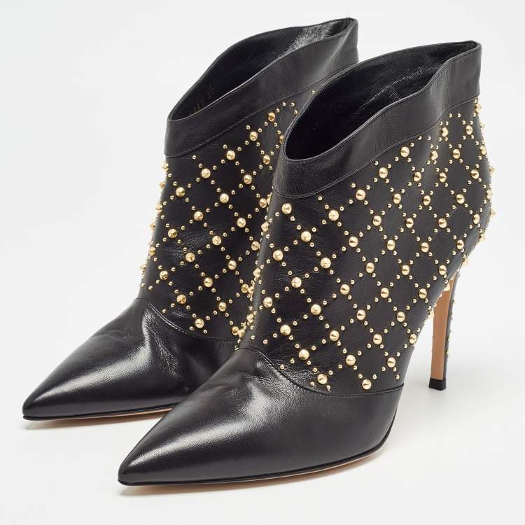 Pre Owned Gianvito Rossi Black Leather Studded Ankle Booties Size 40