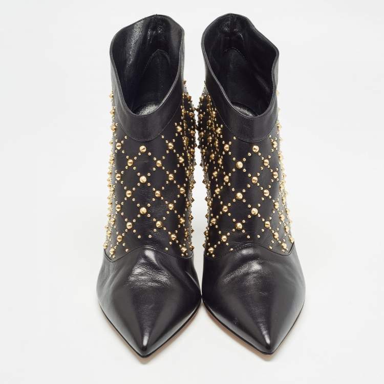 Pre Owned Gianvito Rossi Black Leather Studded Ankle Booties Size 40