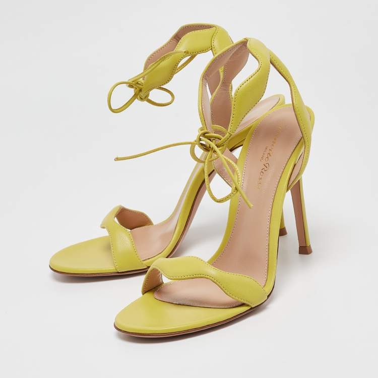 Pre Owned Gianvito Rossi Green Leather Wavy Ankle Tie Sandals Size 38