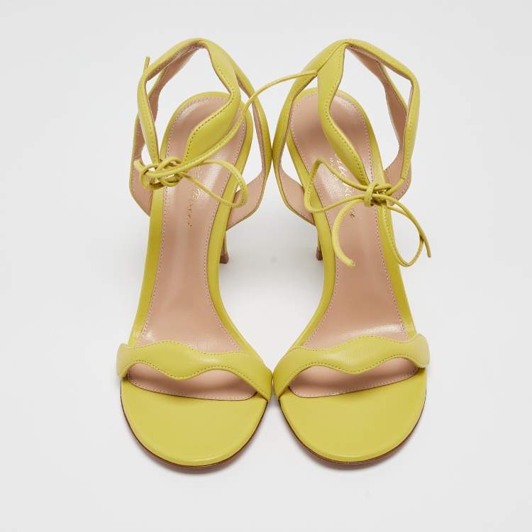 Pre Owned Gianvito Rossi Green Leather Wavy Ankle Tie Sandals Size 38
