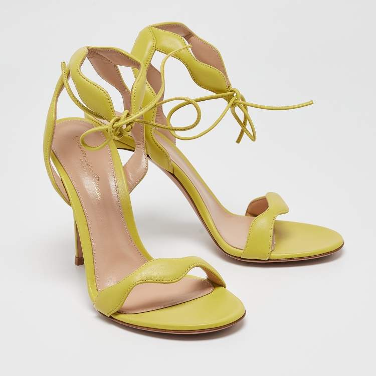 Pre Owned Gianvito Rossi Green Leather Wavy Ankle Tie Sandals Size 38