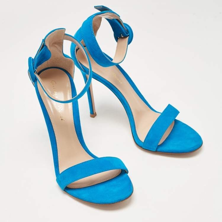 Pre Owned Gianvito Rossi Blue Suede Portofino Ankle Strap Sandals Size 38