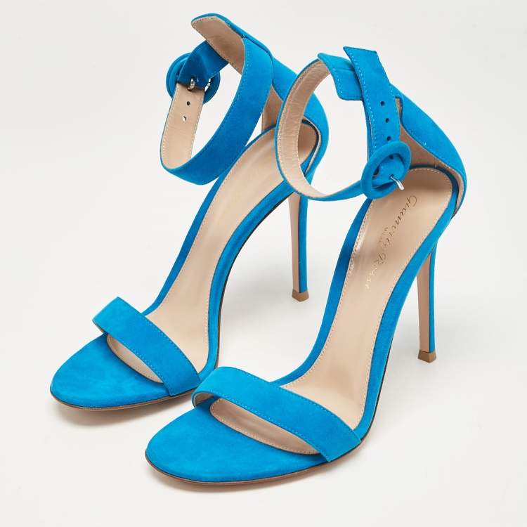 Pre Owned Gianvito Rossi Blue Suede Portofino Ankle Strap Sandals Size 38