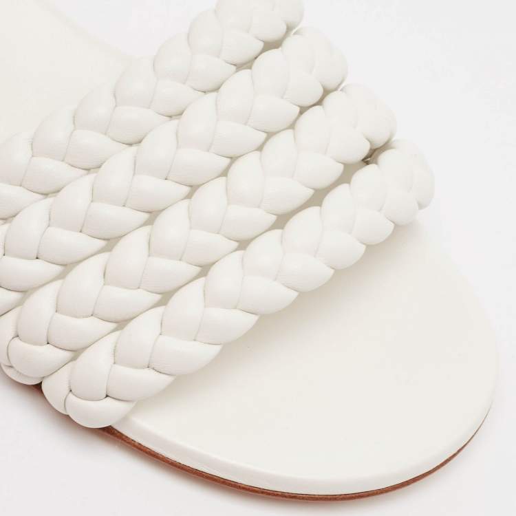 Pre Owned Gianvito Rossi White Braided Leather Slide Flats Size 38.5
