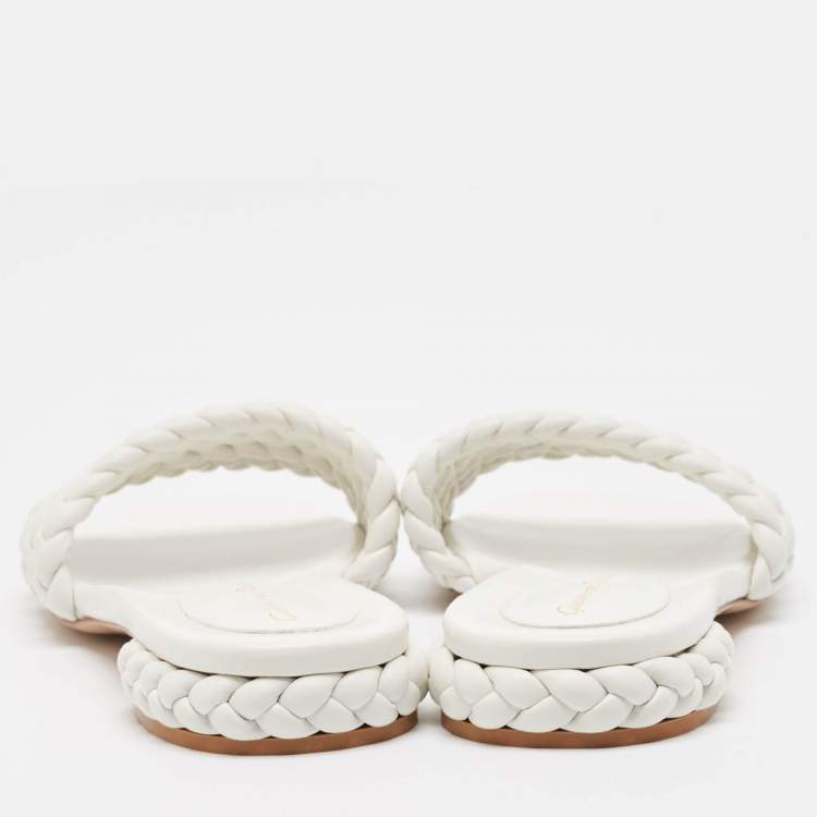 Pre Owned Gianvito Rossi White Braided Leather Slide Flats Size 38.5