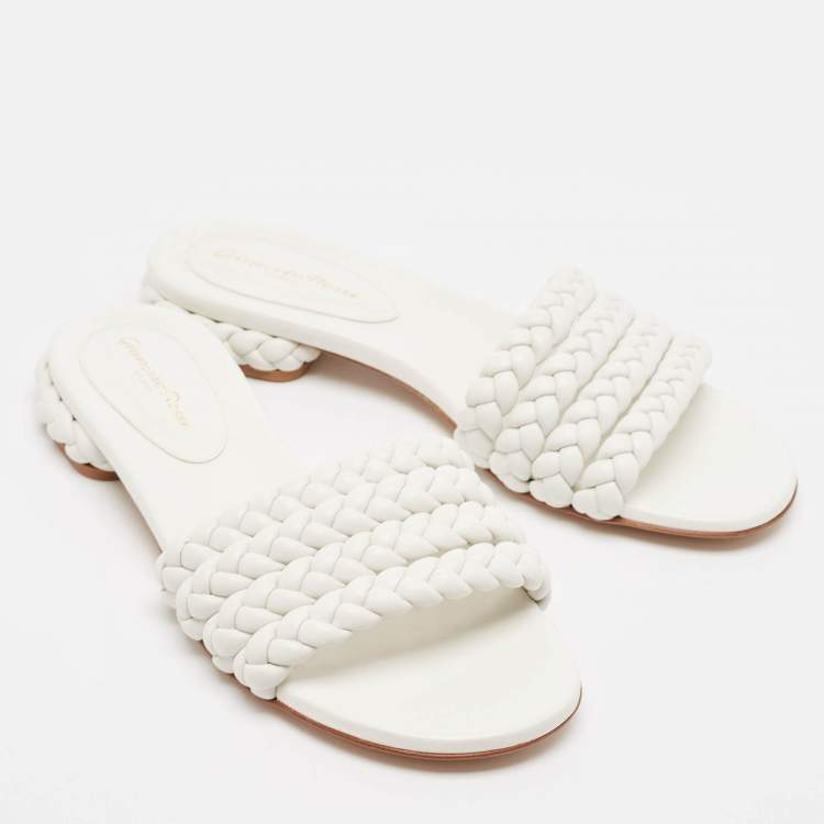 Pre Owned Gianvito Rossi White Braided Leather Slide Flats Size 38.5