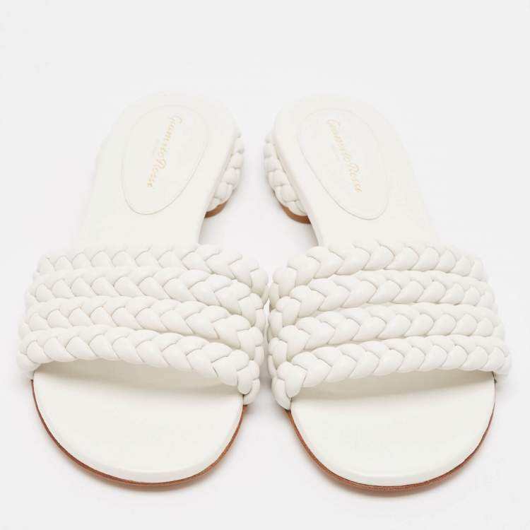 Pre Owned Gianvito Rossi White Braided Leather Slide Flats Size 38.5