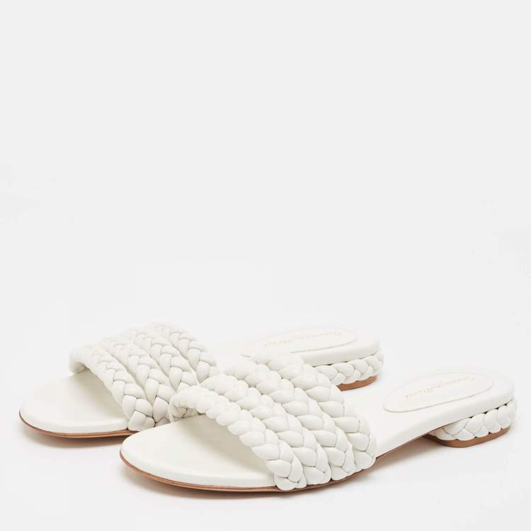 Pre Owned Gianvito Rossi White Braided Leather Slide Flats Size 38.5