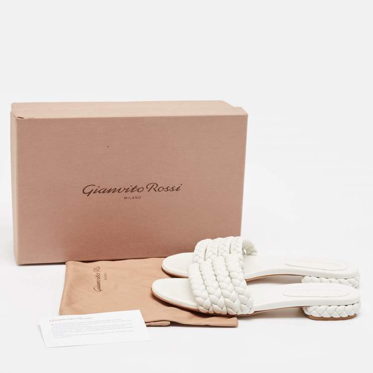 Pre Owned Gianvito Rossi White Braided Leather Slide Flats Size 38.5
