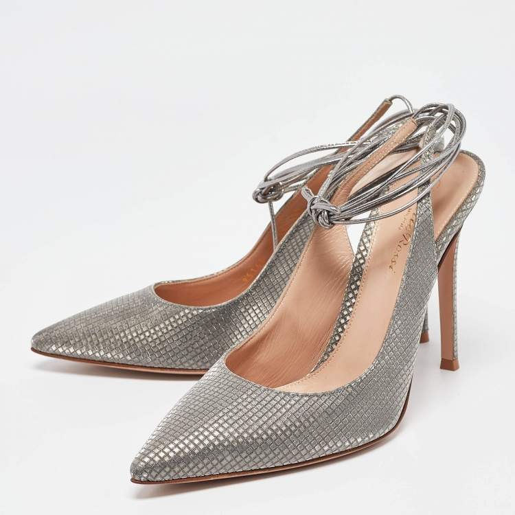 Pre Owned Gianvito Rossi Silver Nubuck Leather Ankle Wrap Pumps Size 39
