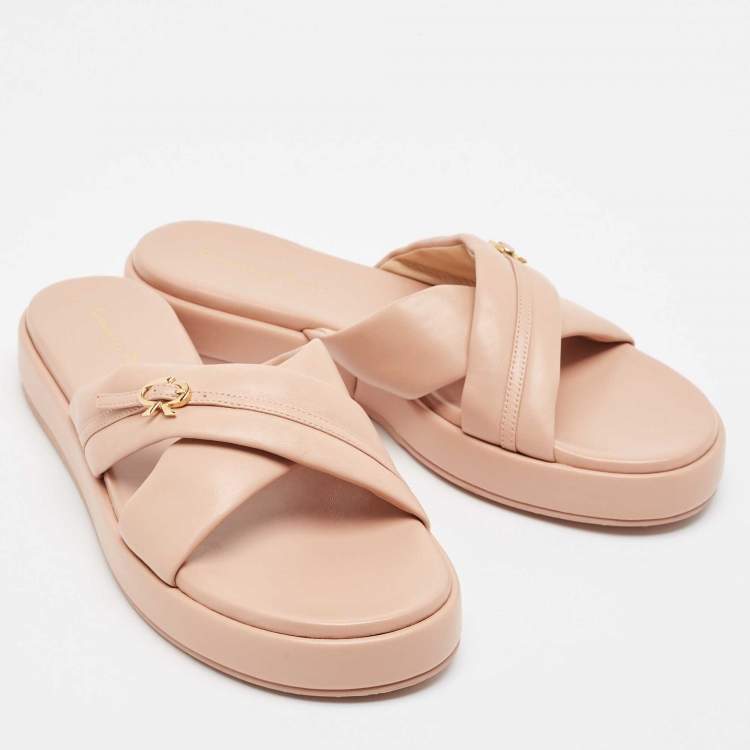 Pre Owned Gianvito Rossi Pink Leather alima Criss Cross Flat Slides Size 40.5