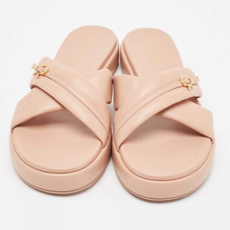 Pre Owned Gianvito Rossi Pink Leather alima Criss Cross Flat Slides Size 40.5