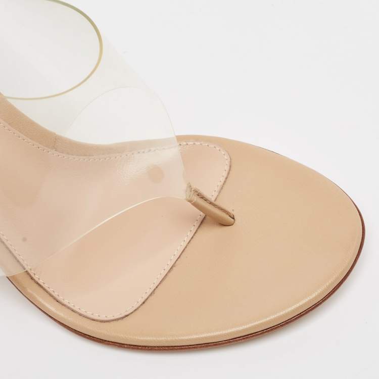 Pre Owned Gianvito Rossi Beige Leather and PVC Plexi Thong Wrap Sandals Size 37.5