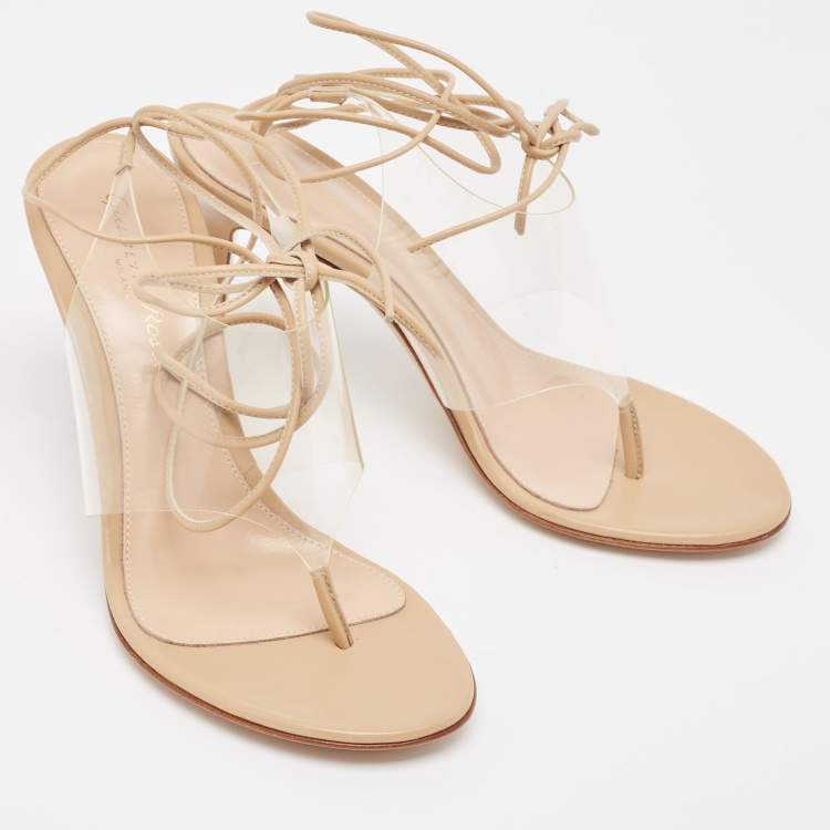 Pre Owned Gianvito Rossi Beige Leather and PVC Plexi Thong Wrap Sandals Size 37.5