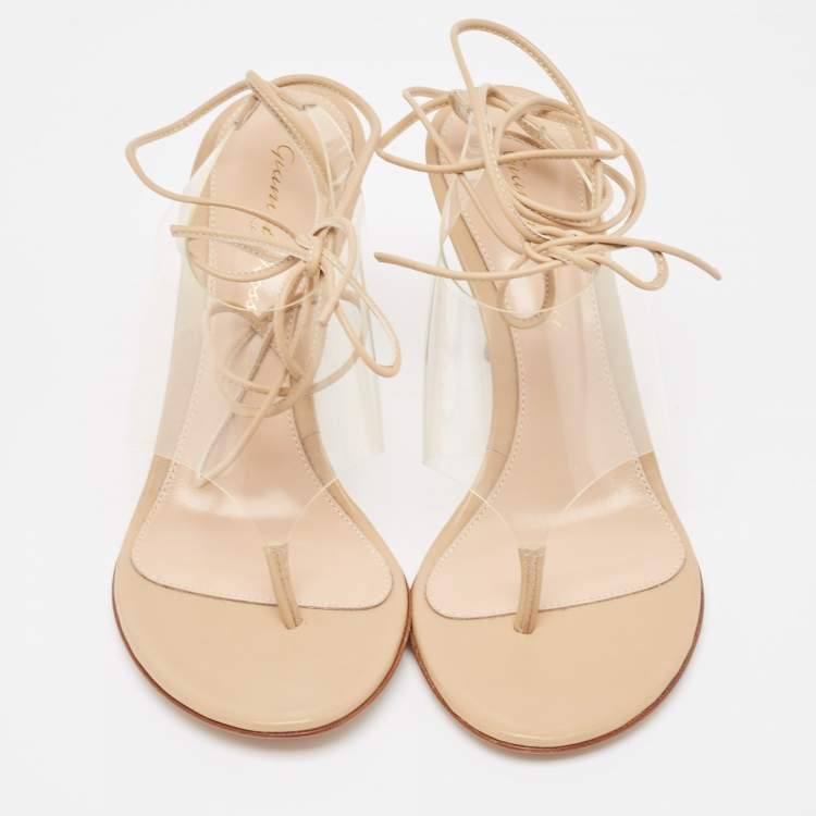 Pre Owned Gianvito Rossi Beige Leather and PVC Plexi Thong Wrap Sandals Size 37.5