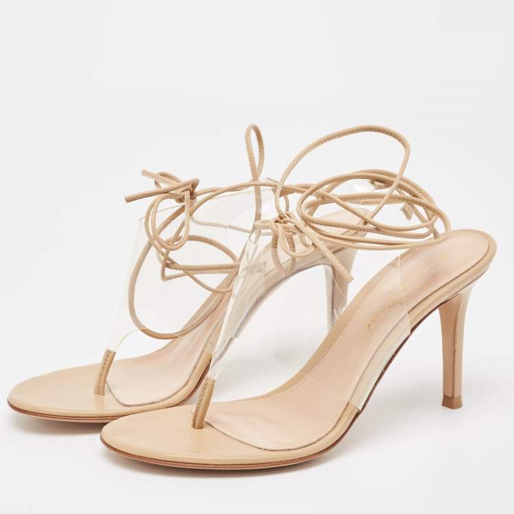 Pre Owned Gianvito Rossi Beige Leather and PVC Plexi Thong Wrap Sandals Size 37.5