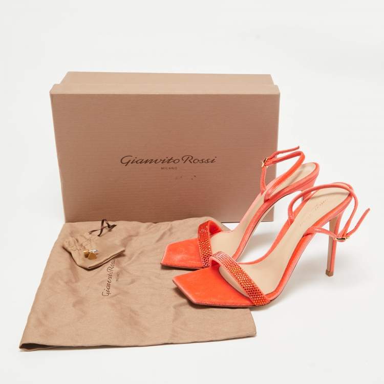 Pre Owned Gianvito Rossi Poppy Red Velvet Embellished Britney Sandals Size 40