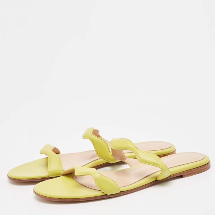 Pre Owned Gianvito Rossi Green Leather Wavy Flat Slides Size 38