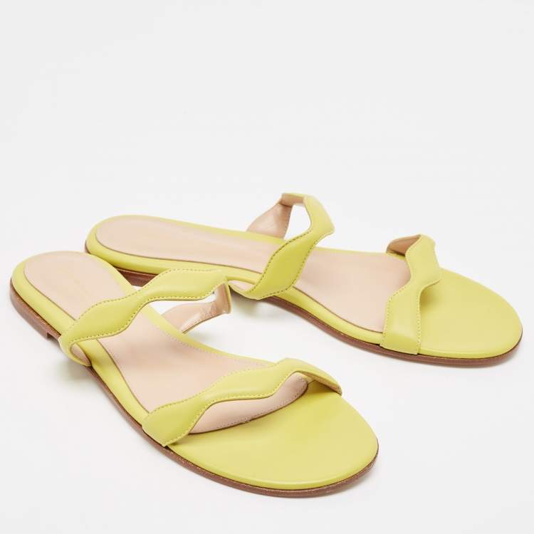 Pre Owned Gianvito Rossi Green Leather Wavy Flat Slides Size 38