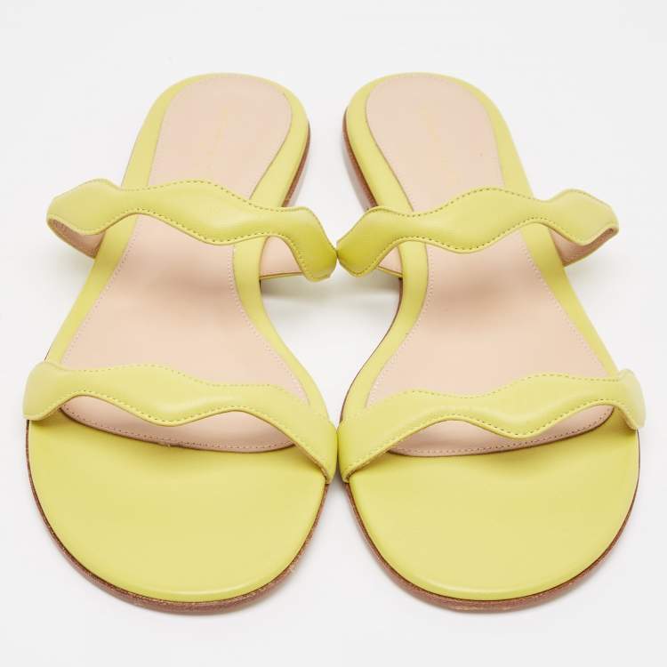 Pre Owned Gianvito Rossi Green Leather Wavy Flat Slides Size 38