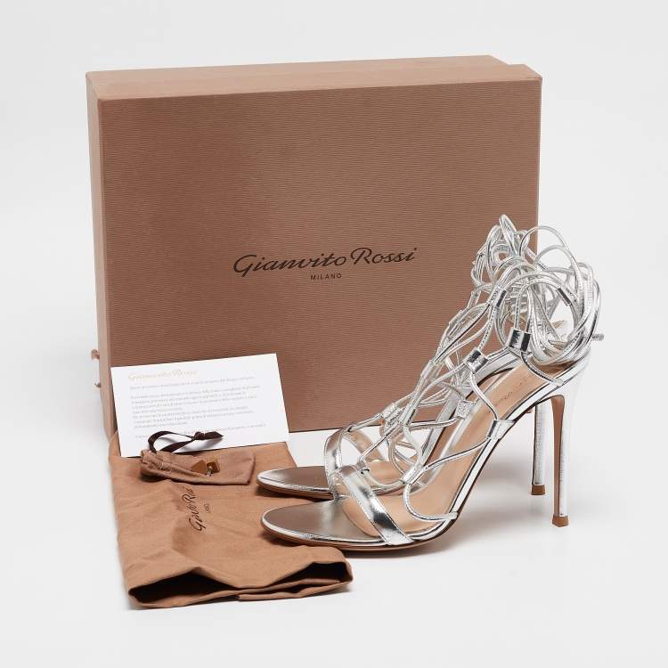 Pre Owned Gianvito Rossi Silver Leather Giza Ankle Wrap Sandals Size 39