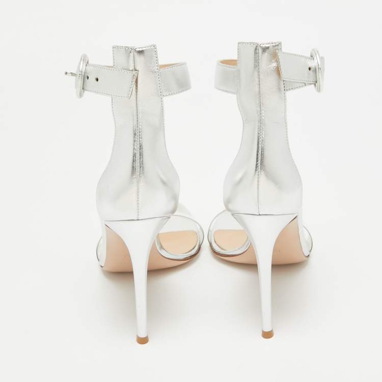 Pre Owned Gianvito Rossi Silver Leather and PVC Portofino Sandals Size 40.5