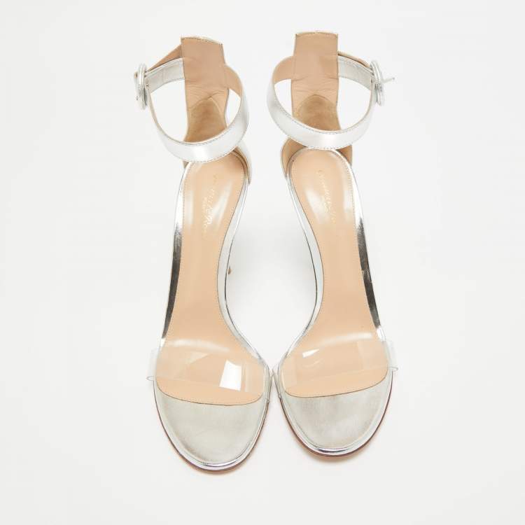 Pre Owned Gianvito Rossi Silver Leather and PVC Portofino Sandals Size 40.5