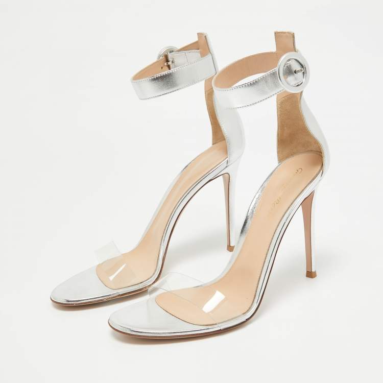 Pre Owned Gianvito Rossi Silver Leather and PVC Portofino Sandals Size 40.5