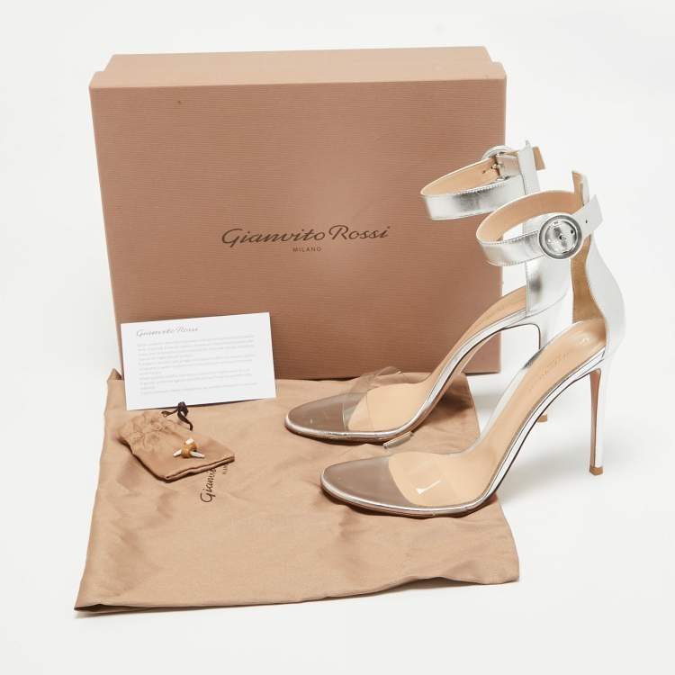 Pre Owned Gianvito Rossi Silver Leather and PVC Portofino Sandals Size 40.5