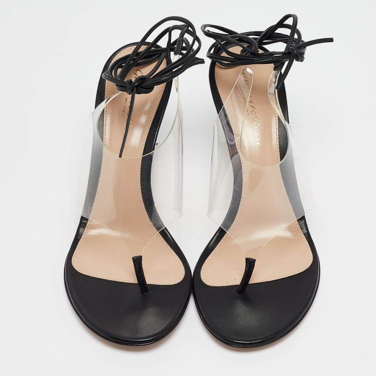 Pre Owned Gianvito Rossi Black Leather and PVC Plexi Thong Wrap Sandals Size 37.5