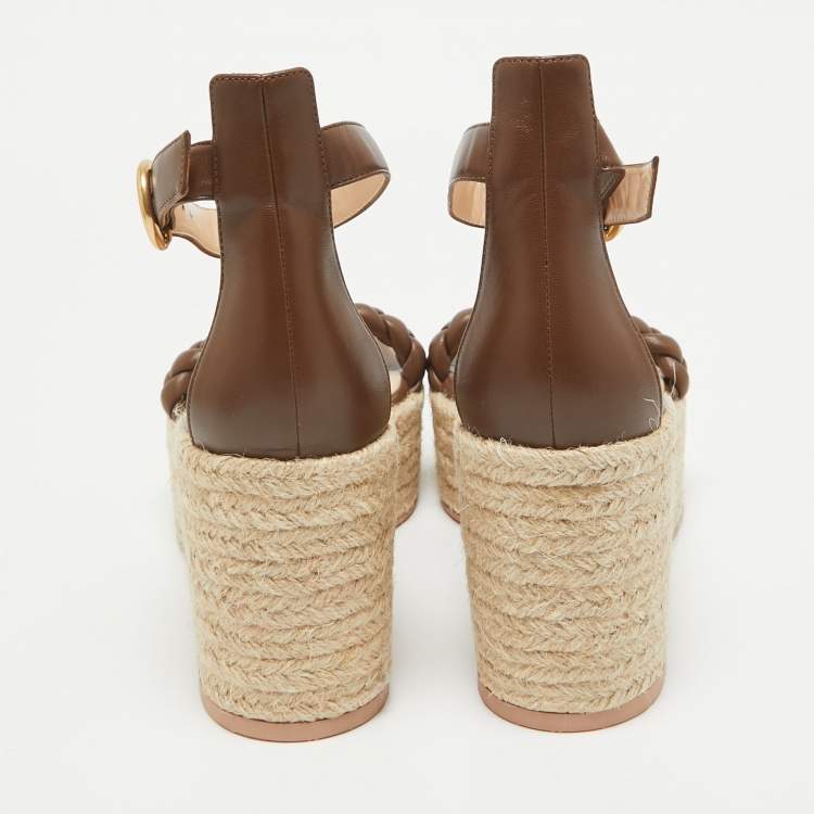Pre Owned Gianvito Rossi Brown Braided Leather Merida Espadrille Wedge Sandals Size 40.5