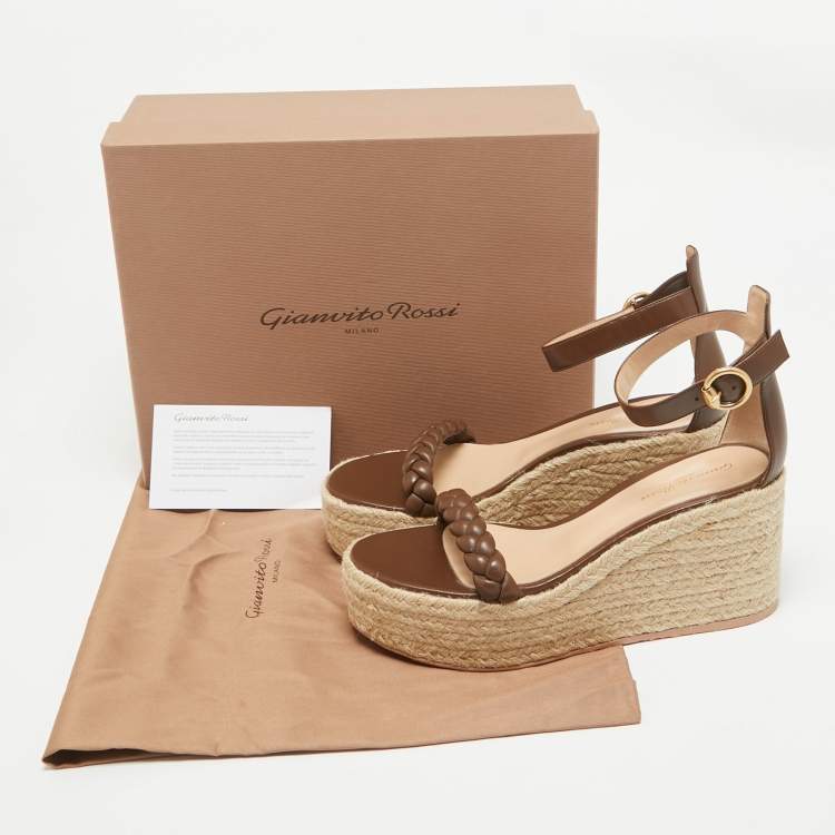 Pre Owned Gianvito Rossi Brown Braided Leather Merida Espadrille Wedge Sandals Size 40.5