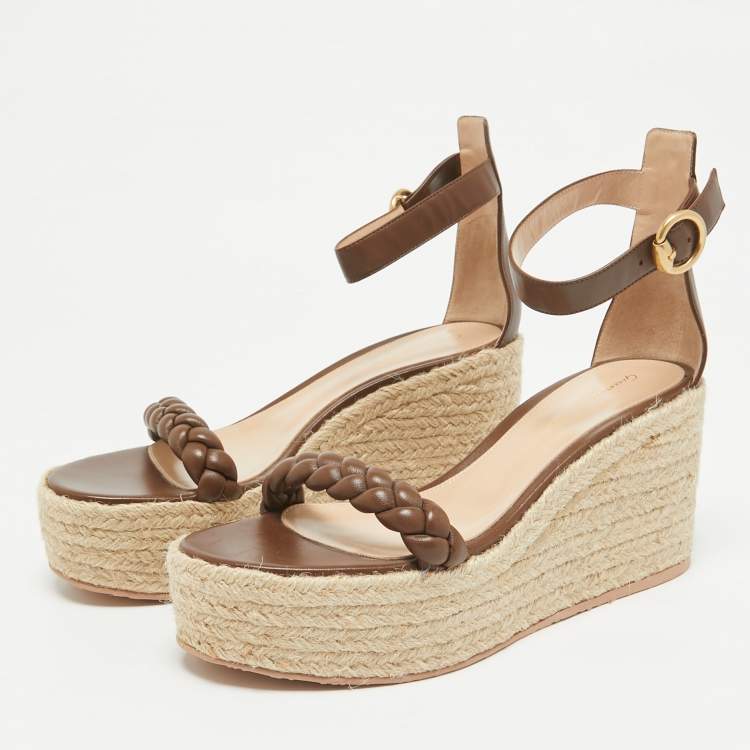 Pre Owned Gianvito Rossi Brown Braided Leather Merida Espadrille Wedge Sandals Size 40.5