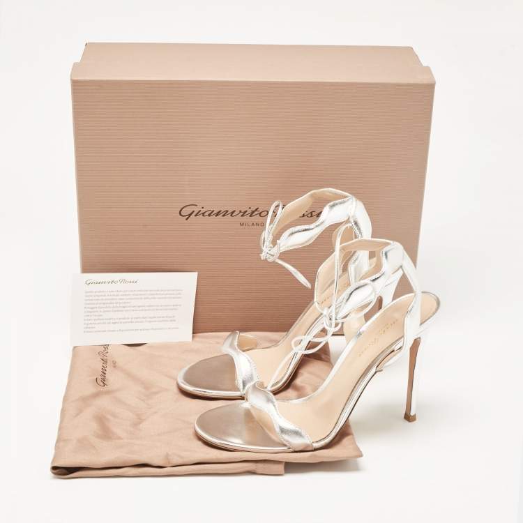 Pre Owned Gianvito Rossi Silver Leather Wavy Ankle Tie Sandals Size 38