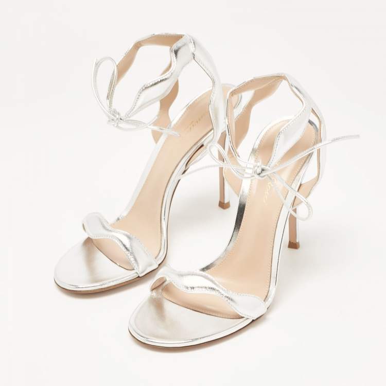 Pre Owned Gianvito Rossi Silver Leather Wavy Ankle Tie Sandals Size 38