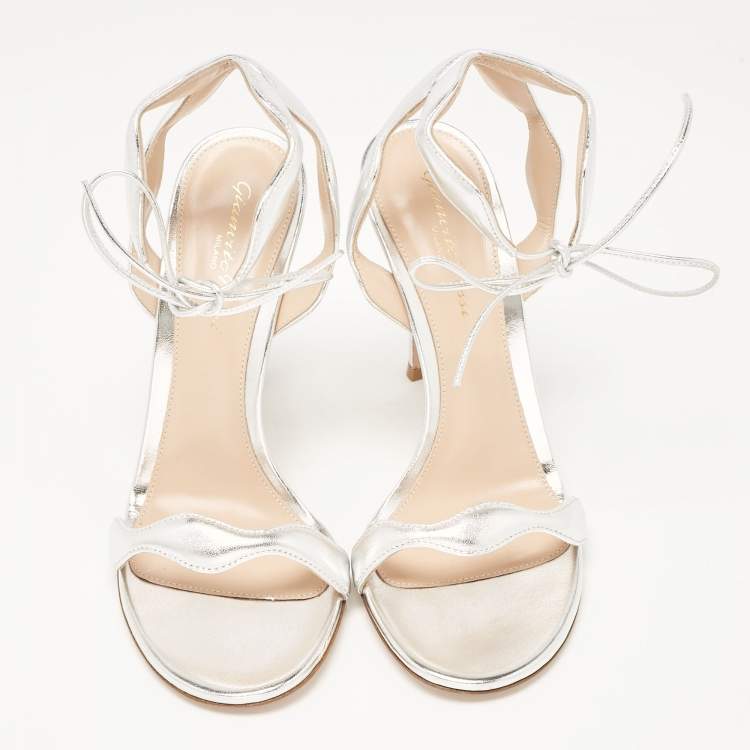 Pre Owned Gianvito Rossi Silver Leather Wavy Ankle Tie Sandals Size 38