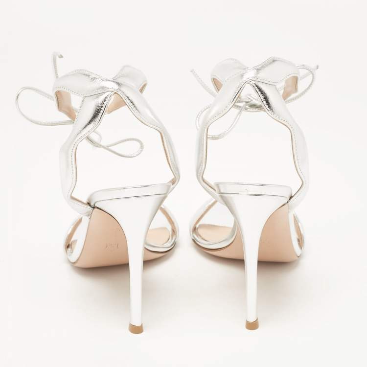 Pre Owned Gianvito Rossi Silver Leather Wavy Ankle Tie Sandals Size 38